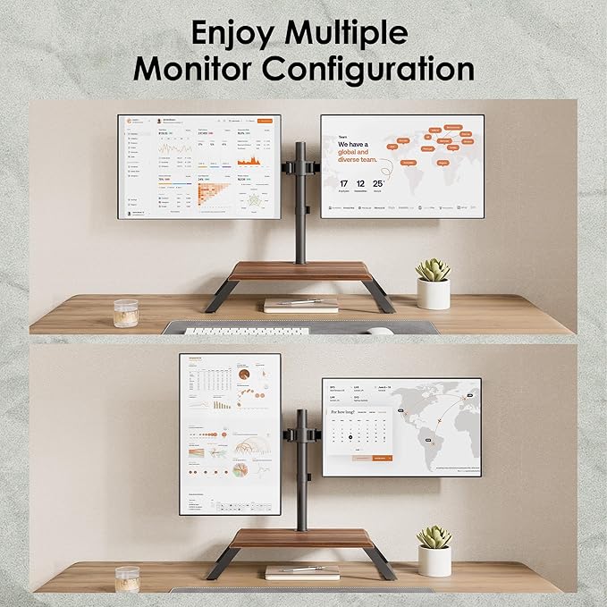 Dual Monitor Stand Riser for 12-27 Inch Computer Screens, Freestanding Double Monitor Stand for Desk, Adjustable Dual Monitor Mount Each Arm Hold up to 22lbs, VESA 75x75/100x100mm