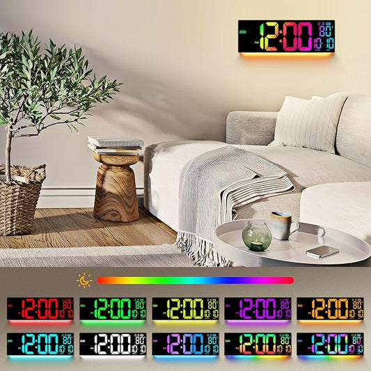 16.5" Large Digital Wall Clock: 11 RGB Colors Wall Mount Decor Clock for Living Room Bedroom Office Classroom, House Warming Gifts New Home Decor, Birthday Gifts for Men Women Brown
