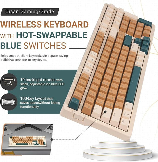 Qisan Wireless/Wired Mechanical Keyboard, Triple Mode 2.4G/USB-C/BT Wireless Gaming Keyboard, 100 Keys (98%) US Layout Blue Switch Rechargeable RGB Backlit Keyboards | Brown Combo