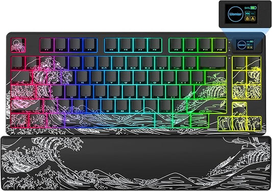 Womier 75% Wireless Mechanical Keyboard with Color Multimedia Screen Gaming Keyboard, Theme 3-Modes Hot Swappable Key Board w/Wrist Rest,SK80 PRO Gasket RGB Custom for Mac/Win,Black Kanagawa