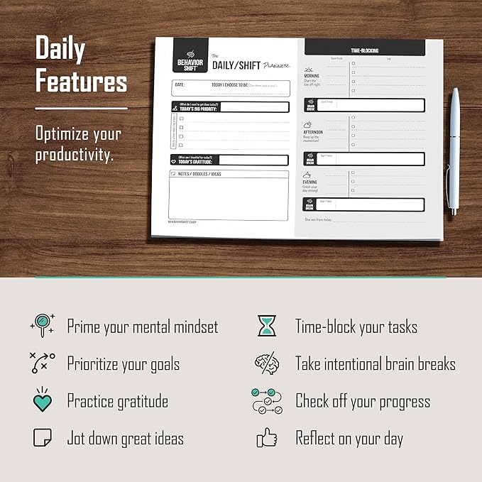 The Behavior Shift Daily Shift Desktop Planner - Undated Tear off Planner - Brain Dump Notepad & Organizer with Gratitude, Time Blocking, Prioritization & Goal Focus - 13 Week productivity Tracker