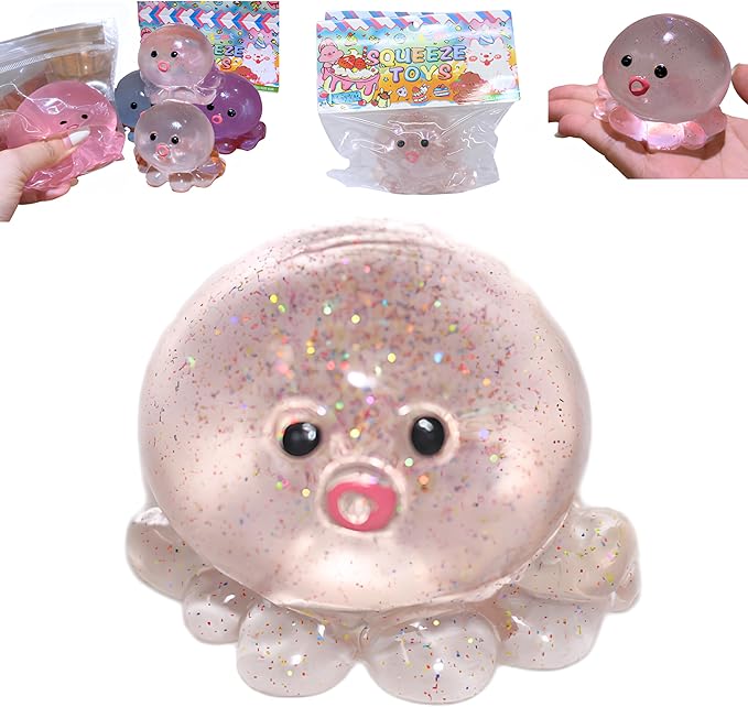 Cute Crystal Octopus Squishy Toys - Upgrade Clear Pink Blue Sequins Octopus Soft Sticky Toys, Animals Sticky Stress Ball, Stress Relief Fidget Sensory Toys, Birthday Office Favors for Adults (Pink02)