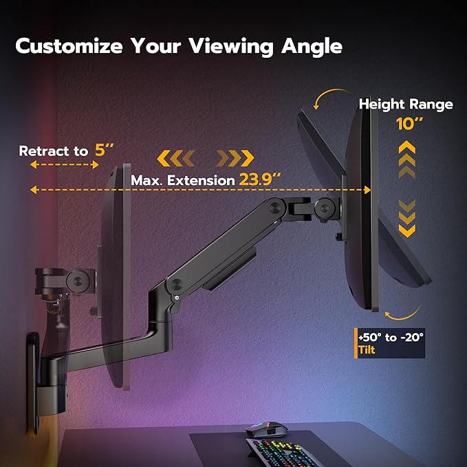 ARES WING Wall Mount Monitor Arm for 17-49 Inch Ultrawide Screens, Heavy Duty Single Monitor Mount Holds 44 lbs, Fully Adjustable Gas Spring Wall Mount, 75x75/100x100 VESA Mount, Black