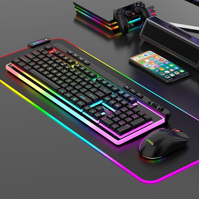 Wireless Keyboard and Mouse Combo, Gaming Keyboard Rechargeable Cool RGB Backlight, 7KEYS Full-Size Keyboard with Ergonomic, Light up Gaming Mouse 3200 DPI for PC Desk/Laptop/MAC