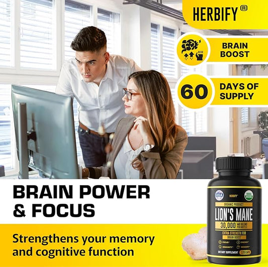 HERBIFY Lions Mane Supplement - Daily Mushroom Supplement for Memory, Focus & Clarity - Brain Booster - Lions Mane Capsules for Natural Immune Support - Vegan, Organic - 120 Capsules
