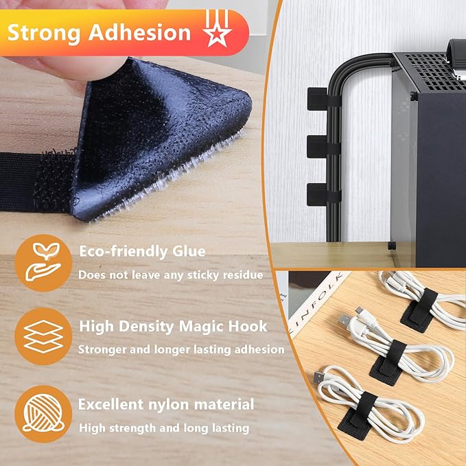 Desk Cable Management, Wire Organizers for Cords - Upgrade 48 PCS Black Sticky Back Self Adhesive Cable Ties, Hook and Loop Straps for Home or Office Use