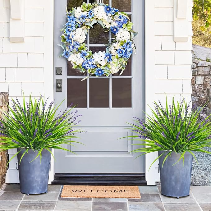 10 Pcs Artificial Plants Outdoor, UV Resistant Fake Outdoor Flowers Plants Faux Plastic Monkey Grass for Outside Front Porch Garden Window Box Home Office Planters Desk Decor (Purple)