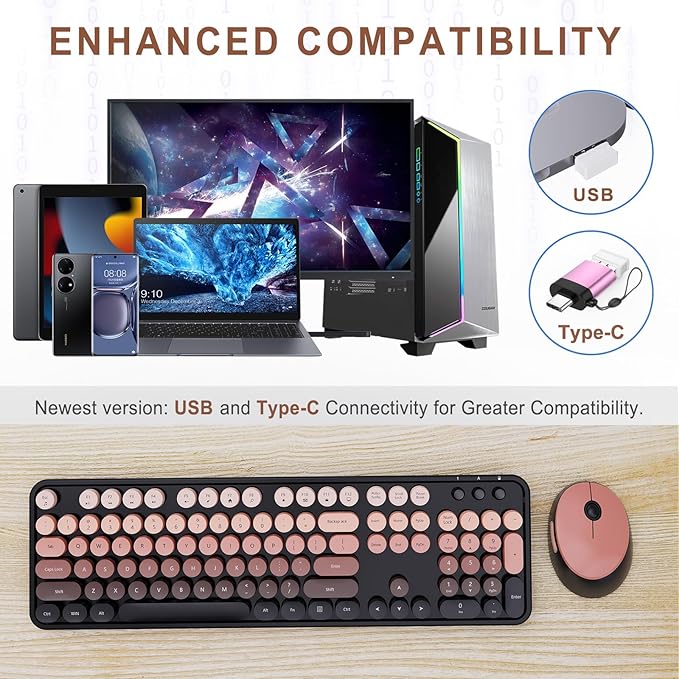 Wireless Keyboard and Mouse Combo, Ergonomic Full Size Typewriter Retro Round Keycaps Keyboard, Compatible with Windows, PC, Perfer for Home and Office Keyboards (Aurora Red)
