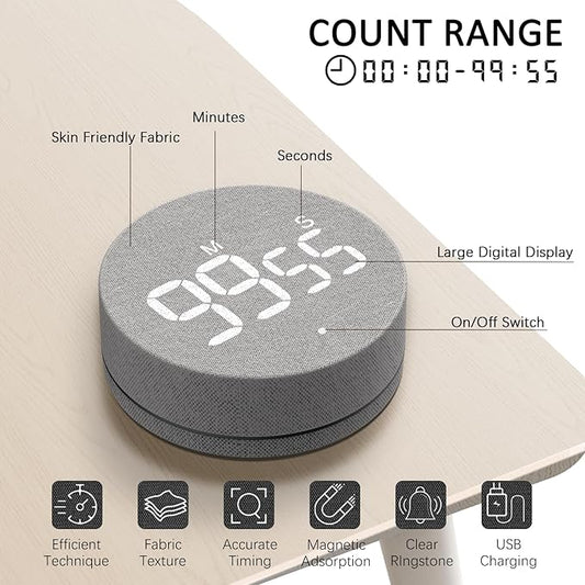 AVINIA Fabric Digital Kitchen Timer, Rechargeable with Large LED Display 0-99Mins, Magnetic Countdown Timers for Home Classroom Office Fitness Grey