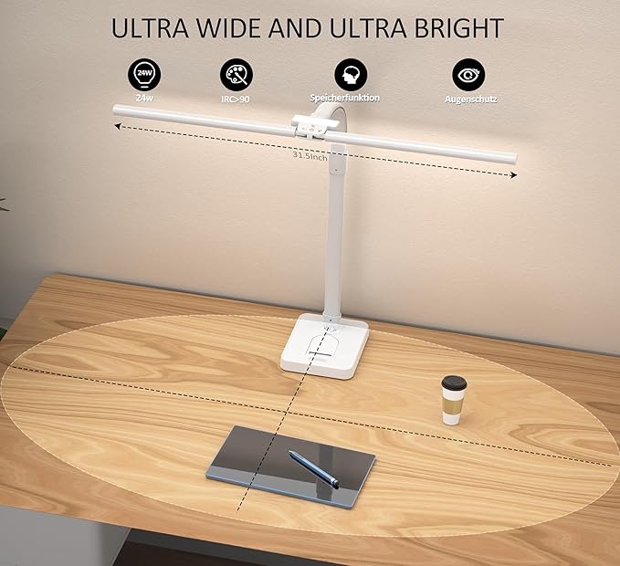 Double Head LED Desk Lamp, Architect Desk Lamps for Home Office, 24W Brightest Workbench Office Lighting-5 Color Modes and 5 Dimmable Eye Protection Modern Desk Lamp (White-Desktop, Big)