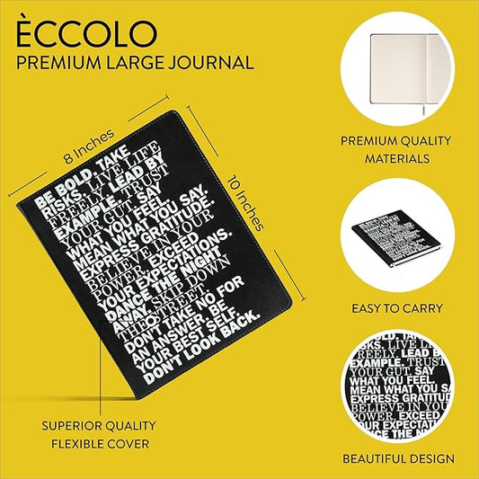 Eccolo Large Lined Journal Notebook, Flexible Cover, Writing Journal, 256 Ruled Ivory Pages, Ribbon Bookmark, Lay Flat, Desk Size for Work or School, Be Bold (Black, 8x10 inches)