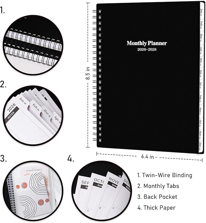 2026-2028 Monthly Planner/Calendar - 3 Year Monthly Planner 2026-2028, 36 Months Planner, Jan. 2026 - Dec. 2028, 6.4" x 8.5", 36 Months Tabs, 30 Notes Pages, Double-Side Pocket, Holidays