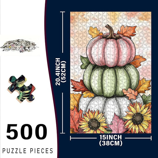 500 Piece Wooden Puzzle Autumn Pumpkin Adults & Kids Challenging Game to Relieve Stress Improve Focus & Enjoy 20.4x15 Inch