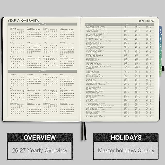 2026 Planner - JAN 2026 - DEC 2026, Planner Weekly and Monthly, Planner 2026, 8.5" x 11", Leather Cover Planners with Thick Paper, Back Pocket with Notes Pages, Black