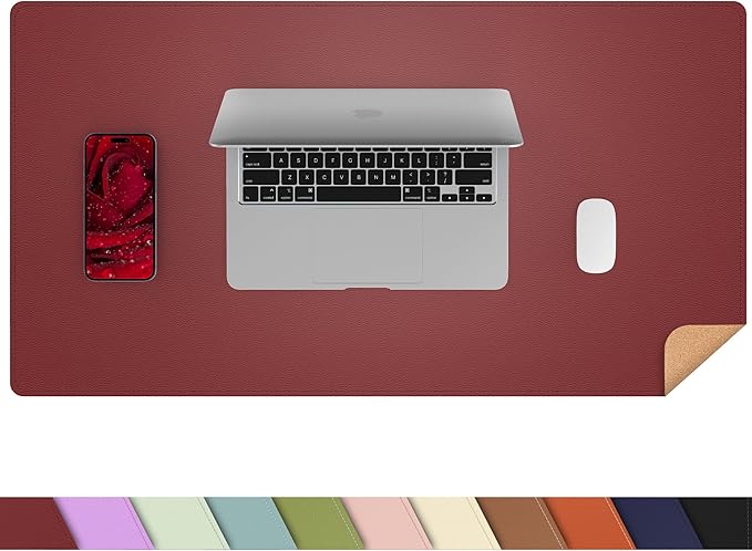 AFIING Leather Desk pad Protector, Large Desk mat with Natural Cork & PU Leather,Mouse pad,Non-Slip Office Desk Mat,Waterproof Desk Writing Pad for Office and Home (23.6in*13in, Red)
