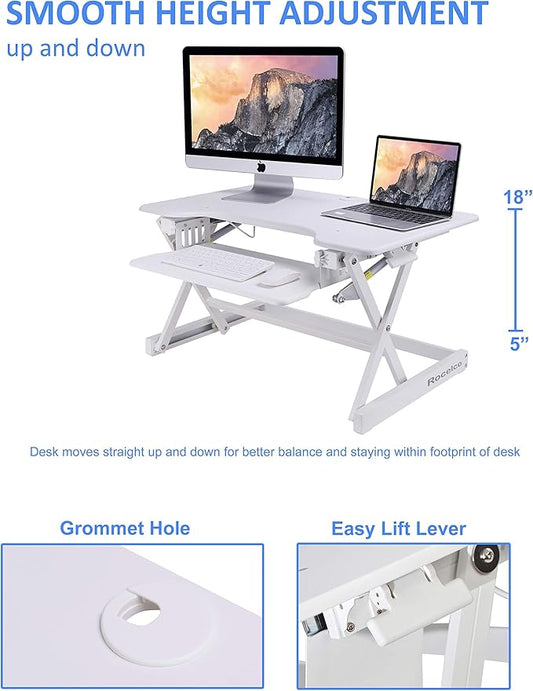 Rocelco 32" Height Adjustable Standing Desk Converter - Sit Stand Computer Workstation Riser - Dual Monitor Retractable Keyboard Tray Gas Spring Assist - Black (R EADRW)