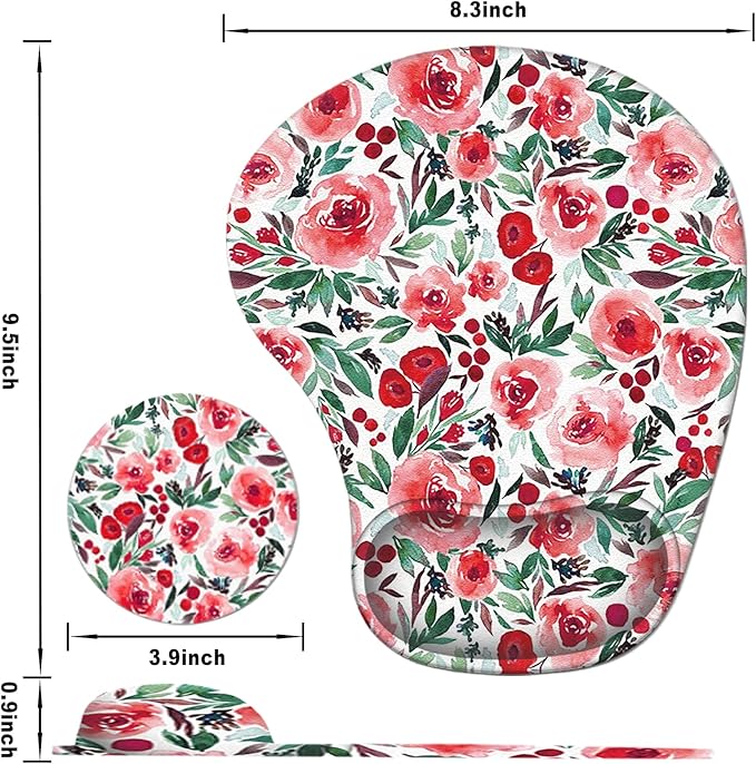 Mouse Pad with Wrist Support, TuLuLu Ergonomic Gel Wrist Rest Pad with Non-Slip PU Base,Comfortable Computer Mouse Pad for Laptop Gaming Office Home Easy Typing & Pain Fatigue Relief, Red Flowers