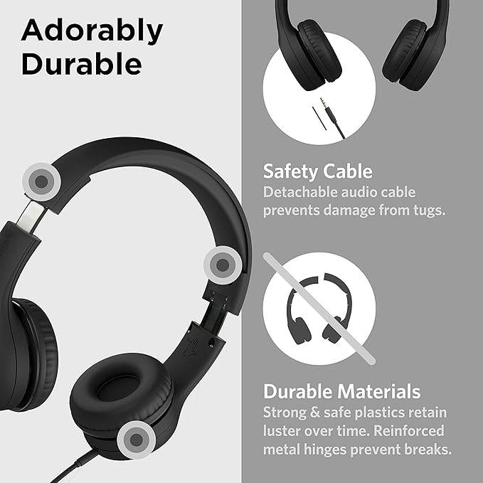 LilGadgets Connect+ Style On-Ear Kids Headphones with Microphone - SharePort Technology, SoftTouch Padding, Detachable Cable, Noise Reduction, Durable & Adjustable - Black - Wired Headphones with Mic