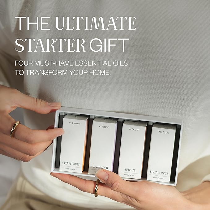 Vitruvi Essentials Kit, Essential Oil Starter Kit, 100% Pure Lavender, Eucalyptus, Grapefruit, Spruce, Essential Oil Set | Essential Oils for Diffusers Aromatherapy 4X 10ml (0.3 fl.oz), 4 Count