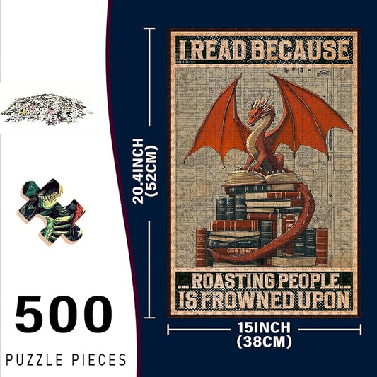 500 Piece Wooden Puzzle Jigsaw I Read Because Roasting People is Frowned Upon Puzzle Adults Humorous Challenge for Stress Relief & Brain Fun 20.4x15 Inch