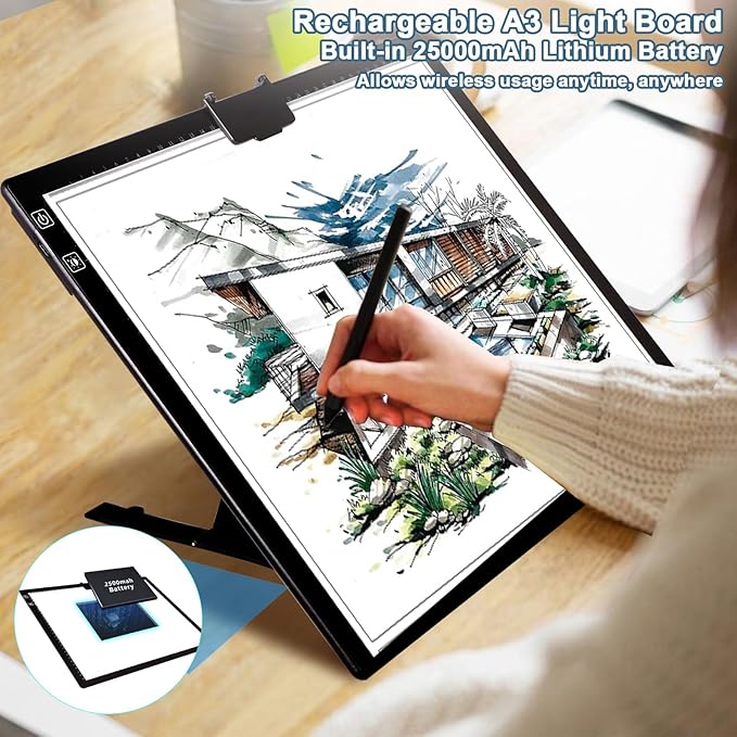 Wireless Rechargeable A3 LED Light Pad w/Built-in Foldable Stand, 3 Color Tone, 6 Levels of Brightness, Battery Powered Evenly Illuminated Light Box for Tracing Drawing and Diamond Painting