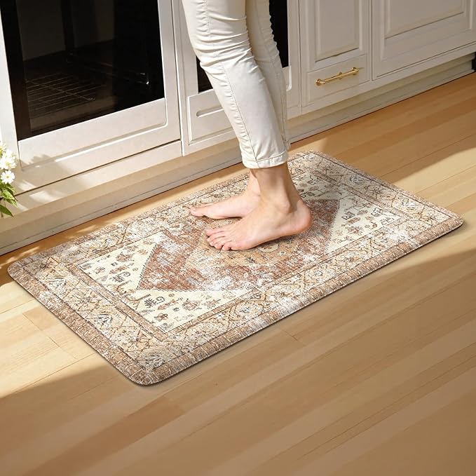 KIMODE Anti Fatigue Kitchen Mats for Floor,17.3" x 29" Cushioned Boho Vintage Kitchen Rugs,Non-Slip Waterproof Kitchen Sink Standing Mat Wipe Clean for Kitchen,Laundry Floor,Mutil-Khaki