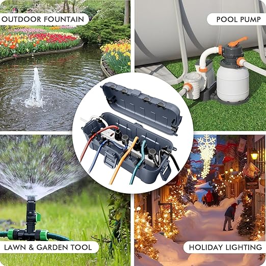 RESTMO Outdoor Electrical Box, IP54 Weatherproof Extension Cord Cover with 6 Cable Entry Ports, Waterproof Connection Box Protect Power Strip, Timer, Plug, Holiday Lights, (11.5x5.2x4 inch), Gray