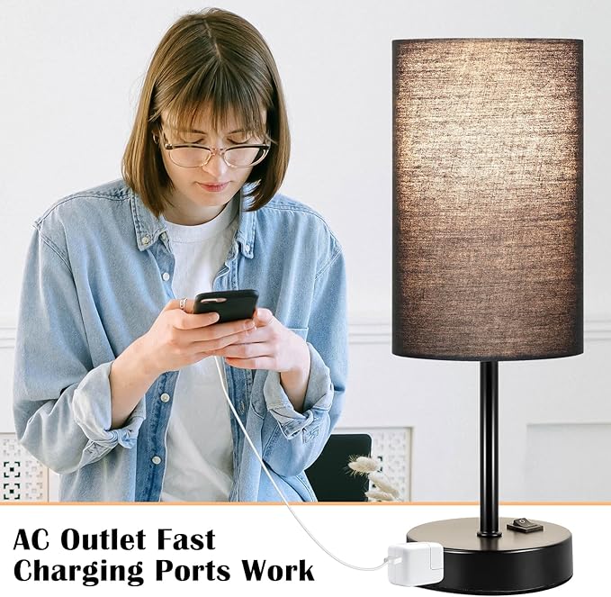 ZJOJO Table Lamp for Bedroom Set of 2, Bedside Small Lamps with 3 Way Dimmable Rocker Switch and AC Outlet, Nightstand Desk Lamp with Black Fabric Shade Black Base for Living Room Home Decor Lights