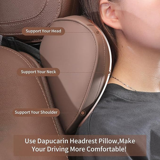 Car Headrest Pillow Memory Foam Breathable Removable Leather Cover Premium Seat Support Head Neck Cushion for Driving Traveling Home Office, Brown, 1 Pack