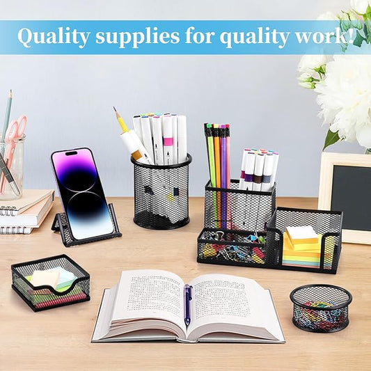 Mesh Pen Holder for Desk Pencil Holders 5 Pieces Desk Organizer Office Supplies Caddy with Sticky Notes Holder for Office School Home Black