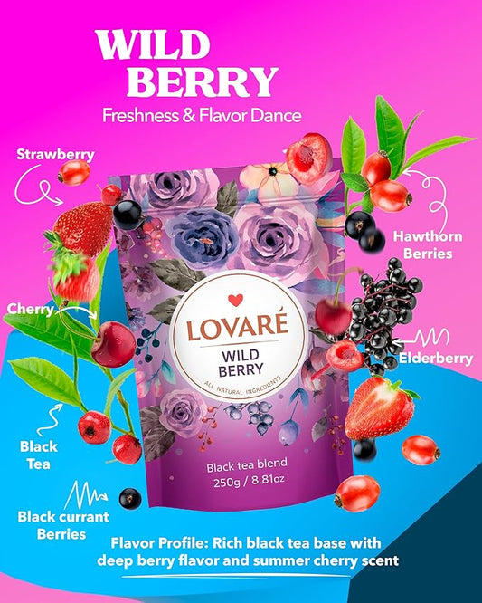 LOVARE Wild Berry Tea Pouch - Loose Leaf Tea 250 g - Made in Ukraine - Doypack with Black Tea, Cherry, Roses, Hawthorn Berries, Elderberry, Black Currant Berries, Strawberry - tea Lovers Gift