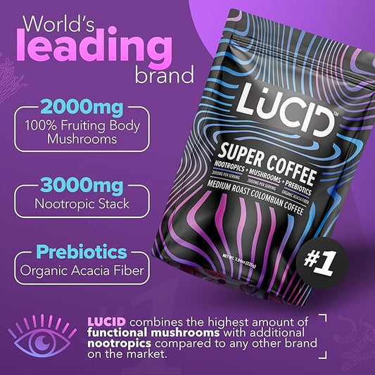 Lucid Superfood Organic Mushroom Coffee with Nootropics - Lion's Mane, Tremella, Cordyceps & Turkey Tail - Instant Mushroom Coffee Focus Brain Health - Alpha GPC, L-Theanine, Ginko Biloba - USA Made