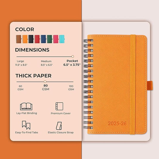 Planner 2025-2026 Daily Weekly and Monthly,6.5"x3.75",18 Months Spiral Bound Calendar Agenda with Self-adhesive Pen Holder,2026 Academic Plan with Vegan Leather Soft Cover,Orange