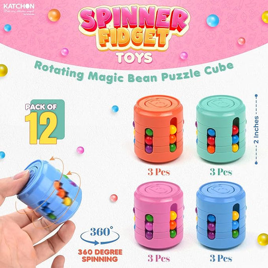 KatchOn, Rotating Fidget Toys – Pack of 12 | Magic Bean Puzzle Cube and Fidget Spinners for Kids, Adults | Fidget Toys Bulk, Classroom Prizes,Goodie Bag Stuffers, Birthday Party Favors for Kids 8-12