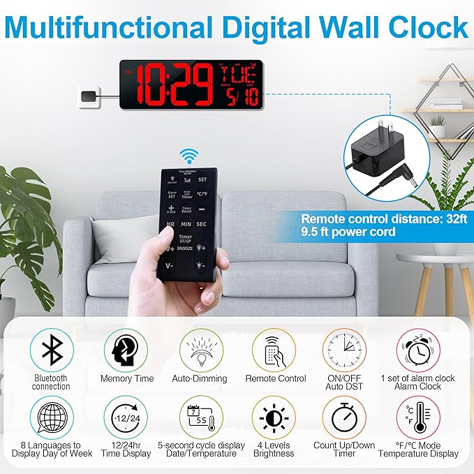 17.2" Large Digital Wall Clock Bluetooth Auto Time Sync Digital Clock Large Display Auto-Dimming/DST Led Wall Clock with Date Week Big Timer for Living Room Classroom Garage Gym Decor