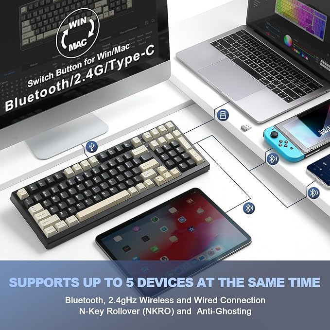 YUNZII YZ98 Gasket Mechanical Keyboard,99 Key Hot Swappable BT5.0/2.4G/USB-C Wireless NKRO 98% 1800 Layout with RGB LED Backlit for Linux/Win/Mac(Black, Cocoa Cream V2 Switch)