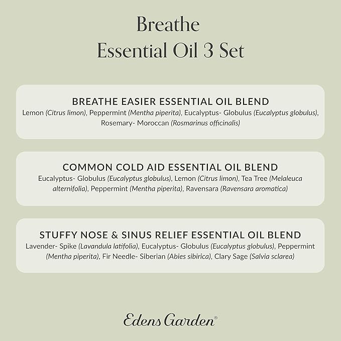 Edens Garden Essential Oils Breathe 3 Set – 100% Pure Therapeutic Grade, Natural Aromatherapy Oil for Stuffy Nose, Sinus & Cold Relief Kit – Undiluted for Diffusers & Humidifiers, 10 ml/ 3 Pack