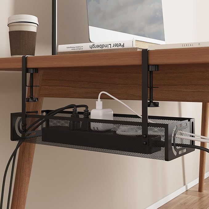 Under Desk Cable Management Tray - Management Organizers Holder, Management Under, No Drill to Desk Cable Raceway, Under Storage for Office, Kitchens, Home (Black)