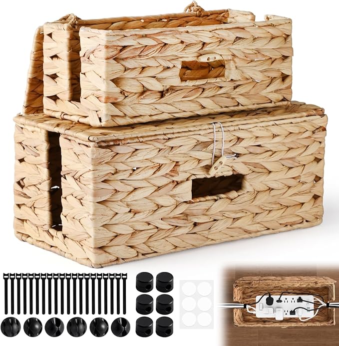 2 Pack Cable Management Box with Lid, Handwoven Water Hyacinth Cord Organizer, 4 Side Open Slots Cable Hider for Power Strips, Cords & Wires, Desk/Floor/Office Storage Box to Hide Electronics Clutter