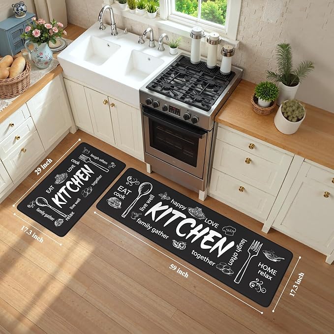 KIMODE Anti Fatigue Kitchen Mats, Farmhouse Kitchen Rugs Sets of 2,Non Slip Waterproof Kitchen Floor Mats,Ergonomic Cushioned Comfort Standing Mat for Home,Laundry,Office,Sink,Desk,Black