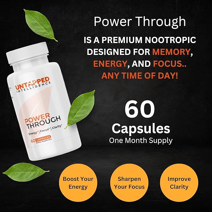 Power Through - Nootropic Brain Supplement for Memory and Focus with L-Theanine, Bacopa Monnieri, Rhodiola Rosea, B12, Energy Pills, Mood Support & Best Brain Supplement for Memory Focus