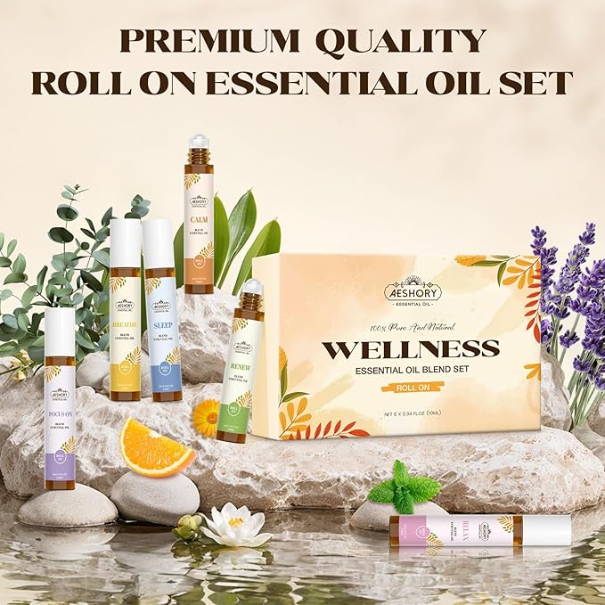 Essential Oils Roll On Set(Calm, Relax, Breathe, Focus on, Sleep, Renew), Natural Aromatherapy Oil Blend Kit with Roller Ball for Massage, Body Skin Care, Home, Relaxation Gift for Women & Men