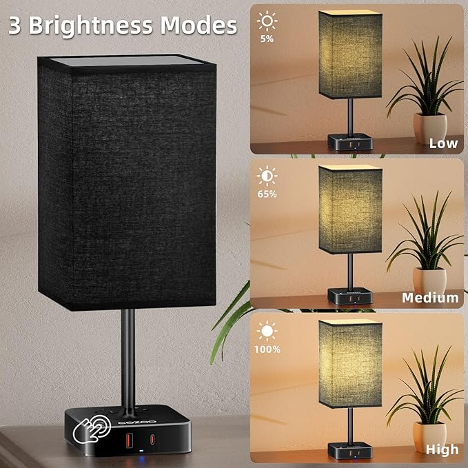 cozoo USB Bedside Table Desk Lamp with 2 USB Charging Ports and 2 Outlets Power Strip,Black Charger Base with Black Fabric Shade, LED Light for Bedroom/Nightstand/Living Room