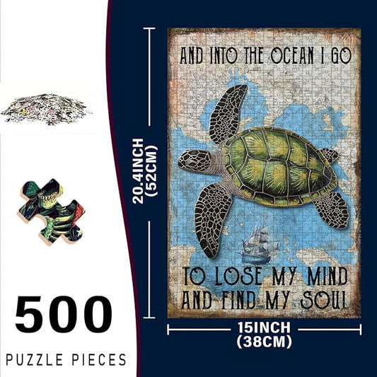 500 Piece Wooden Jigsaw Puzzle Beautiful Sea Turtle and Into Adults & Kids Difficult Brain Teaser for Focus Training & Quiet Family Time 20.4x15 Inch