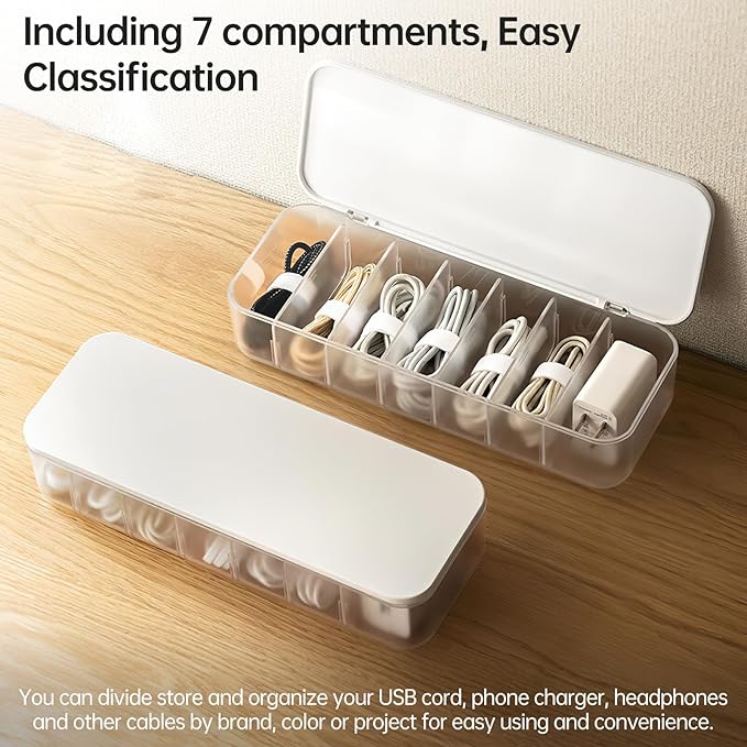 2 Pcs Cable Organizer Storage Box with 14 Wire Ties,Desktop Cable Management Box with Lid,Power Cord Organizer for Office,Home,Desk Accessories Storage Stationery Supplies White