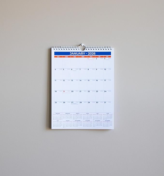 2026 Wall Calendar - January 2026 - December 2026, 12 Monthly Hanging Calendar, 2026 Planner, A4 Size 8.5" x 11", Spiral Binding, Holidays, Julian Dates, Large Blocks, Twin-Wire Binding, Hanging Hook, (1 Pack)