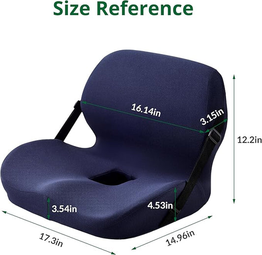 Ergonomic Seat Cushion for Sciatica Relief & Long Driving - Memory Foam Back Support with Adjustable Strap, Non-Slip Base & Removable Mesh Cover - Office, Car (Navy Blue)