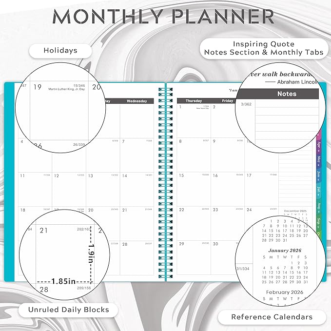2026-2028 Monthly Planner/Calendar - 3 Year Monthly Planner 2026-2028, Jan.2026 - Dec.2028, 9" x 11", 36-Month Calendar + Colorful Tabs + Pocket - Teal