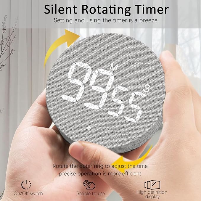 AVINIA Fabric Digital Kitchen Timer, Rechargeable with Large LED Display 0-99Mins, Magnetic Countdown Timers for Home Classroom Office Fitness Grey