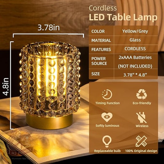 Battery Operated Lamp with Timer, Mini Crystal Table Lamps for Home Decor, Small Cordless Lamp for Areas No Outlets, Glass Battery Powered Lamps for Entryway, Bedroom, Bathroom, Shelf, Corner(Gray)